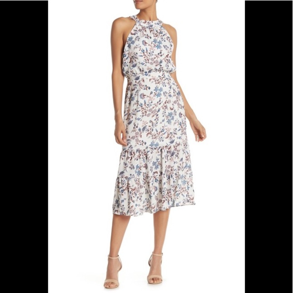 NSR floral circle halter neck midi ruffle dress